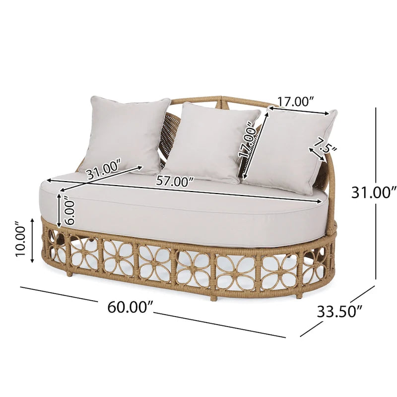 Outdoor Sofa Daybed, PE Rattan Woven Frame, Cushions, Natural Brown