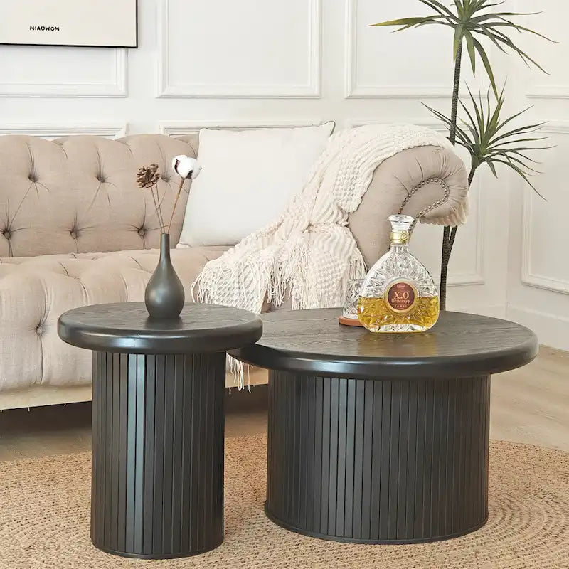 Modern Round Coffee Table Set Double Table Combination Coffee Table with Fluted Table Leg, for Living Room