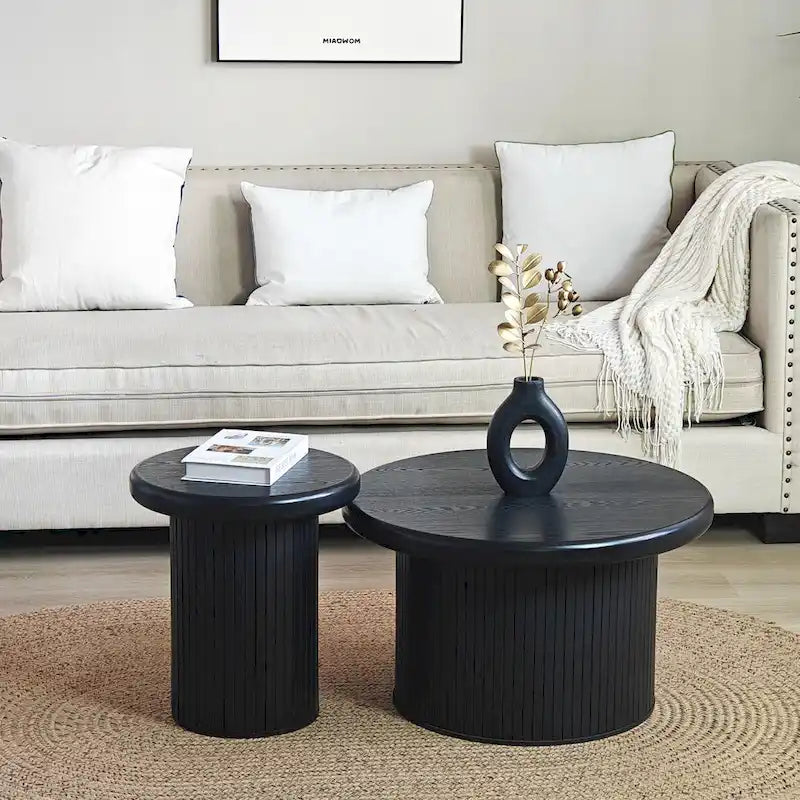 Modern Round Coffee Table Set Double Table Combination Coffee Table with Fluted Table Leg, for Living Room