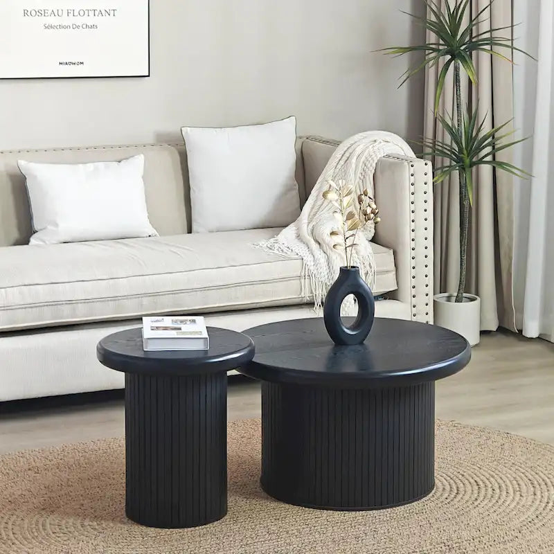 Modern Round Coffee Table Set Double Table Combination Coffee Table with Fluted Table Leg, for Living Room