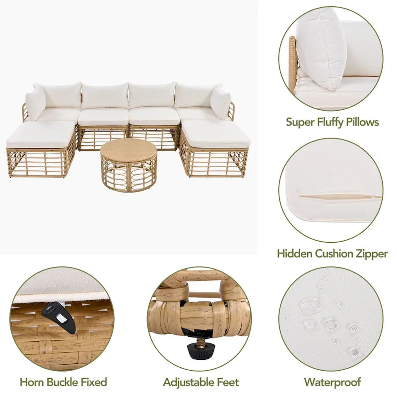 7 Pcs Outdoor Furniture Set, All-Weather Rattan Sectional Sofa Set with Thick Cushions and Pillows, Round Coffee Table