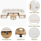 7 Pcs Outdoor Furniture Set, All-Weather Rattan Sectional Sofa Set with Thick Cushions and Pillows, Round Coffee Table