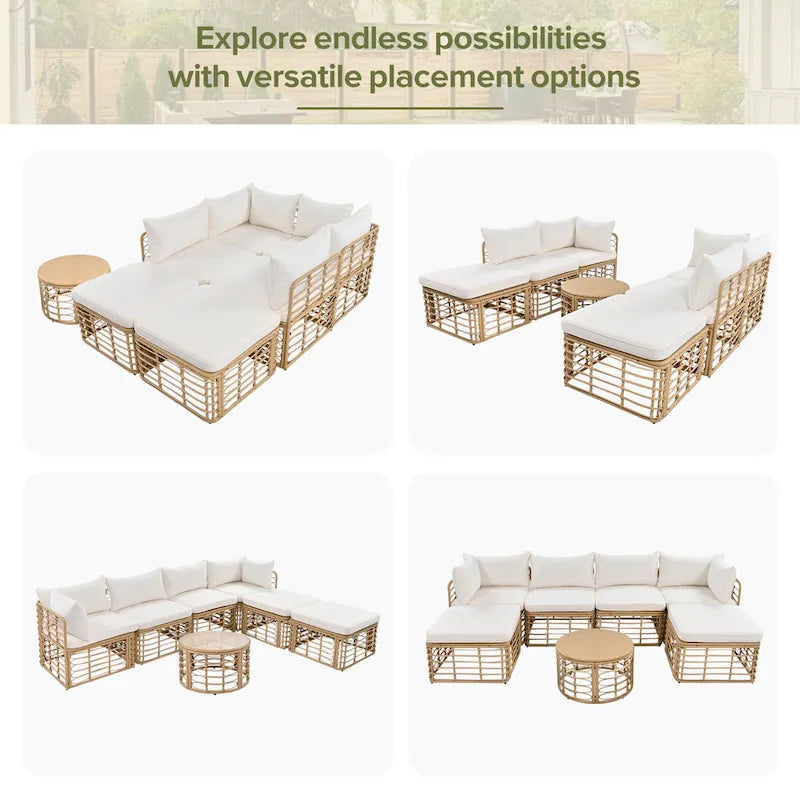 7 Pcs Outdoor Furniture Set, All-Weather Rattan Sectional Sofa Set with Thick Cushions and Pillows, Round Coffee Table