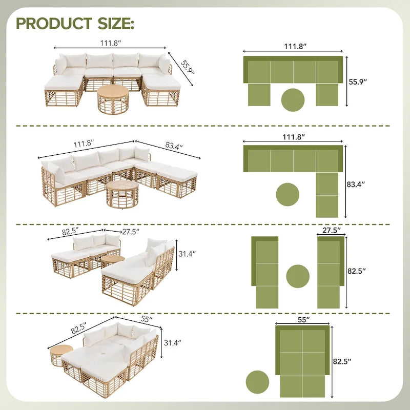 7 Pcs Outdoor Furniture Set, All-Weather Rattan Sectional Sofa Set with Thick Cushions and Pillows, Round Coffee Table