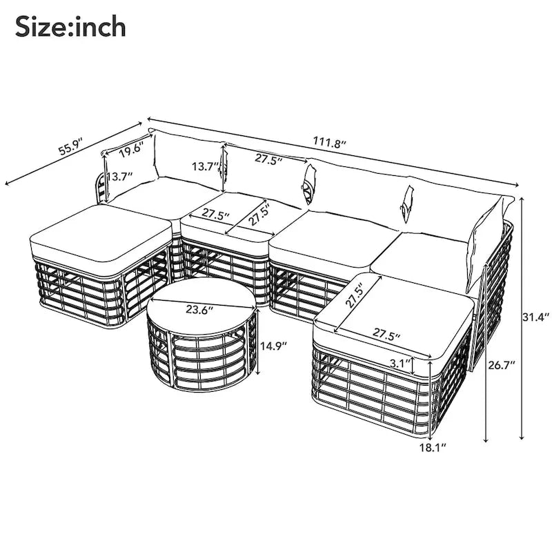 7 Pcs Outdoor Furniture Set, All-Weather Rattan Sectional Sofa Set with Thick Cushions and Pillows, Round Coffee Table