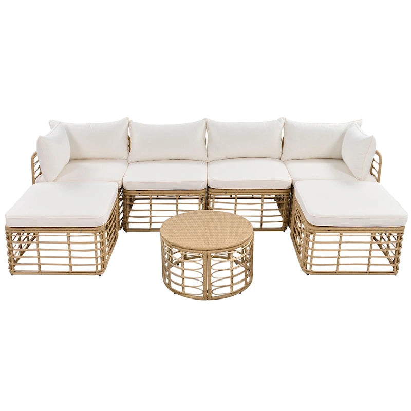 7 Pcs Outdoor Furniture Set, All-Weather Rattan Sectional Sofa Set with Thick Cushions and Pillows, Round Coffee Table