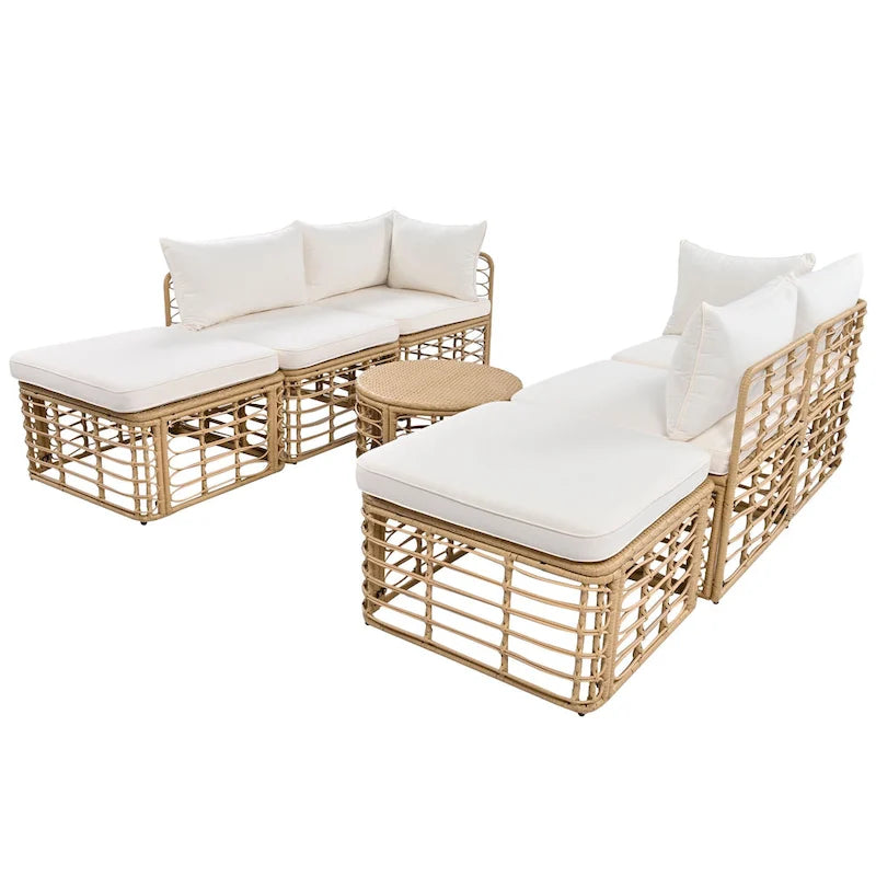 7 Pcs Outdoor Furniture Set, All-Weather Rattan Sectional Sofa Set with Thick Cushions and Pillows, Round Coffee Table
