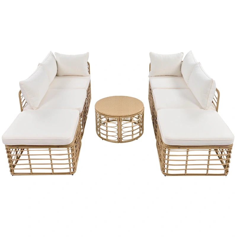 7 Pcs Outdoor Furniture Set, All-Weather Rattan Sectional Sofa Set with Thick Cushions and Pillows, Round Coffee Table