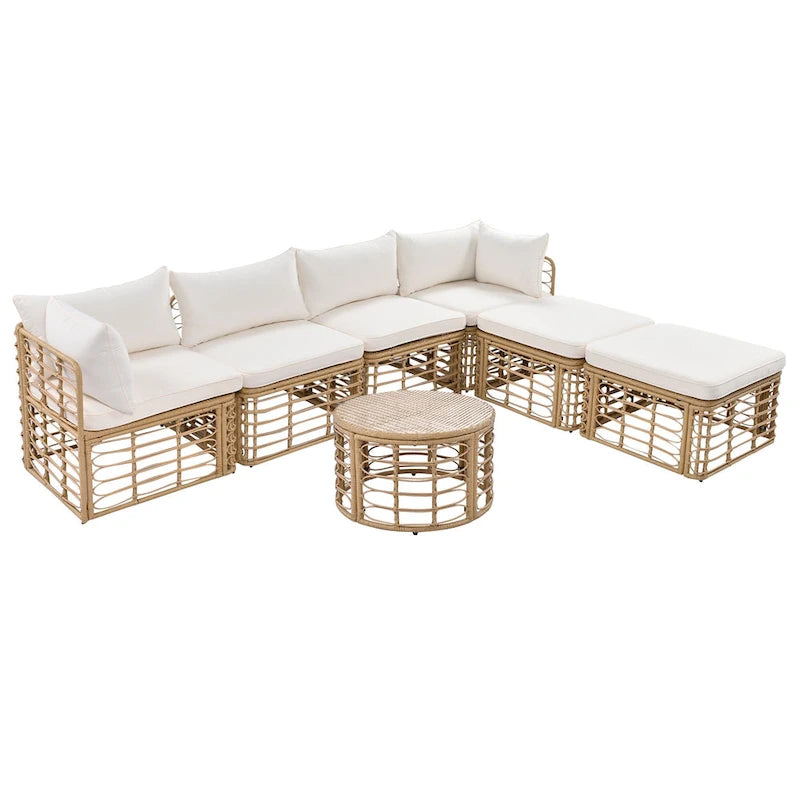 7 Pcs Outdoor Furniture Set, All-Weather Rattan Sectional Sofa Set with Thick Cushions and Pillows, Round Coffee Table