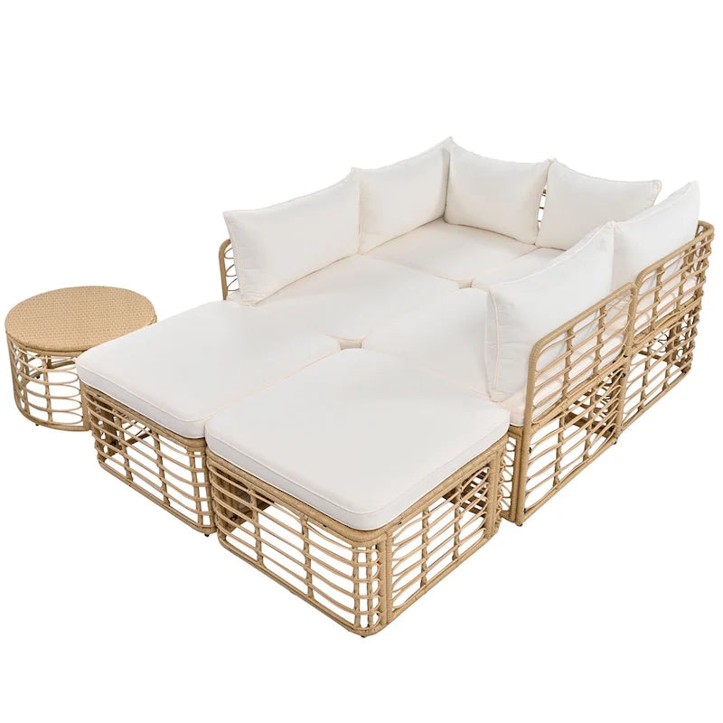 7 Pcs Outdoor Furniture Set, All-Weather Rattan Sectional Sofa Set with Thick Cushions and Pillows, Round Coffee Table