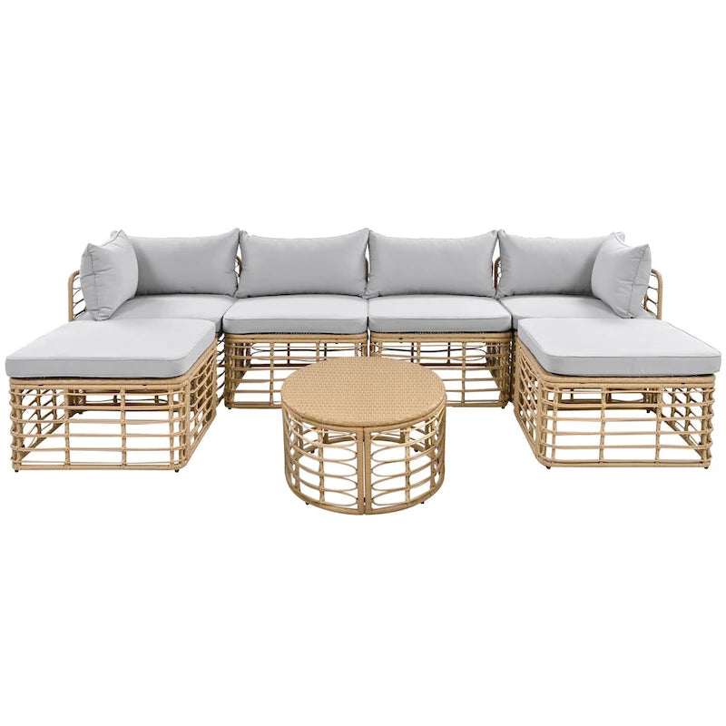 7 Pcs Outdoor Furniture Set, All-Weather Rattan Sectional Sofa Set with Thick Cushions and Pillows, Round Coffee Table