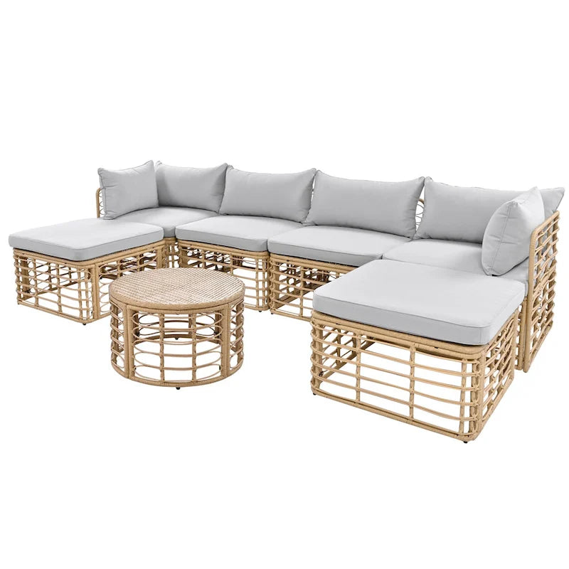 7 Pcs Outdoor Furniture Set, All-Weather Rattan Sectional Sofa Set with Thick Cushions and Pillows, Round Coffee Table