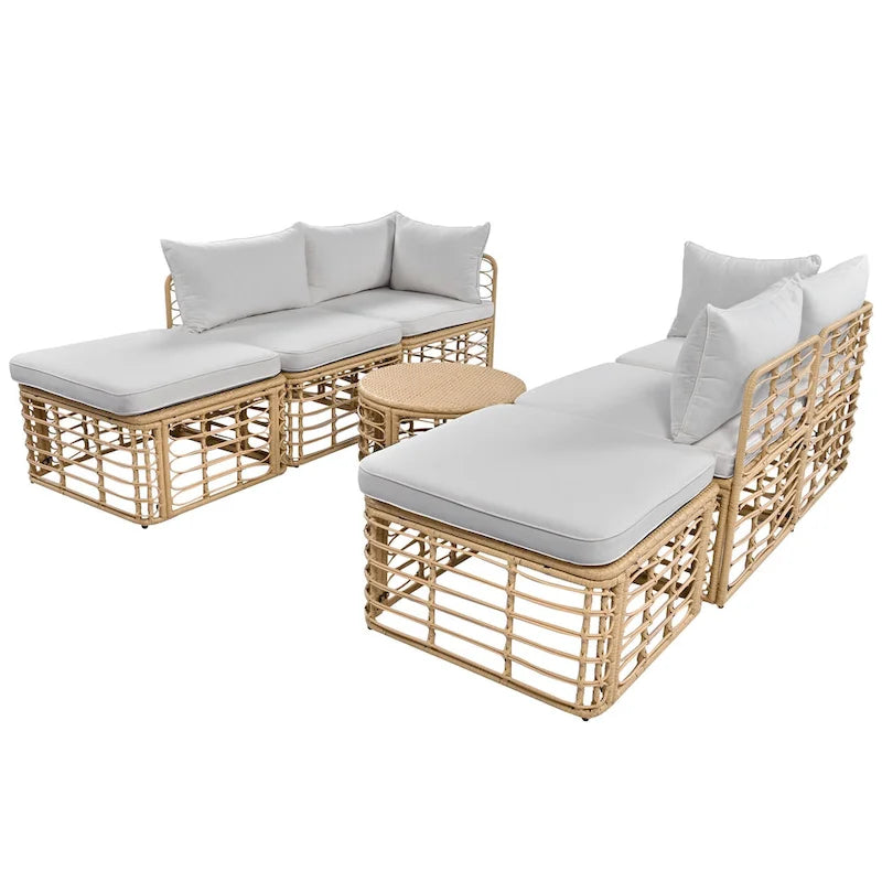 7 Pcs Outdoor Furniture Set, All-Weather Rattan Sectional Sofa Set with Thick Cushions and Pillows, Round Coffee Table