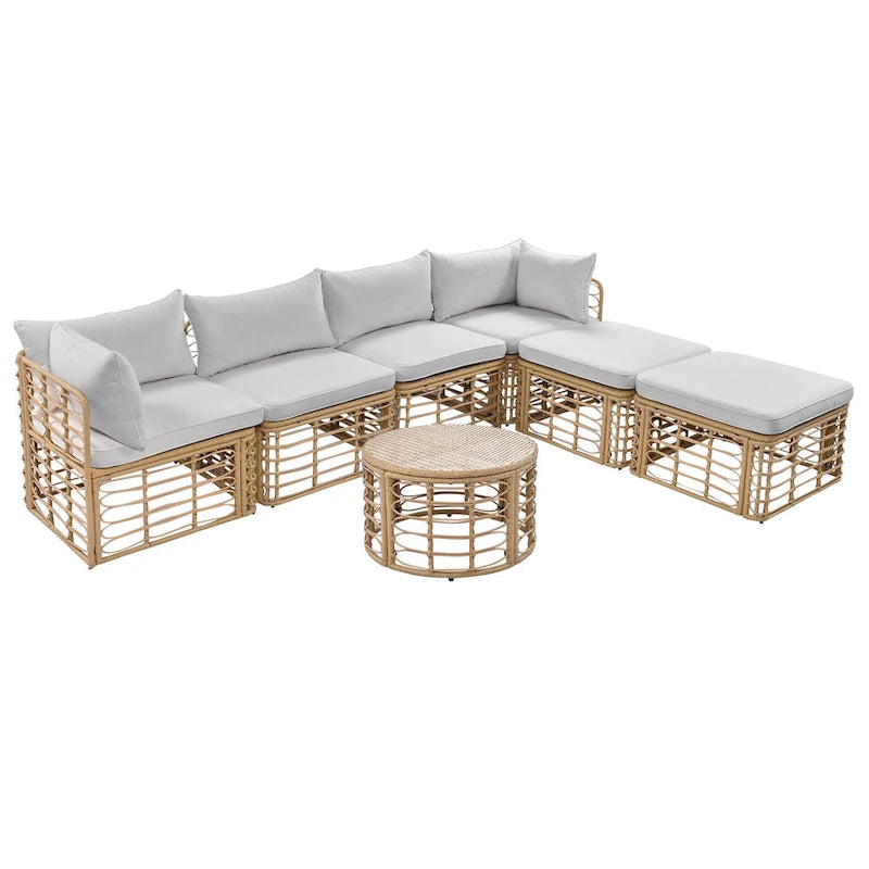 7 Pcs Outdoor Furniture Set, All-Weather Rattan Sectional Sofa Set with Thick Cushions and Pillows, Round Coffee Table