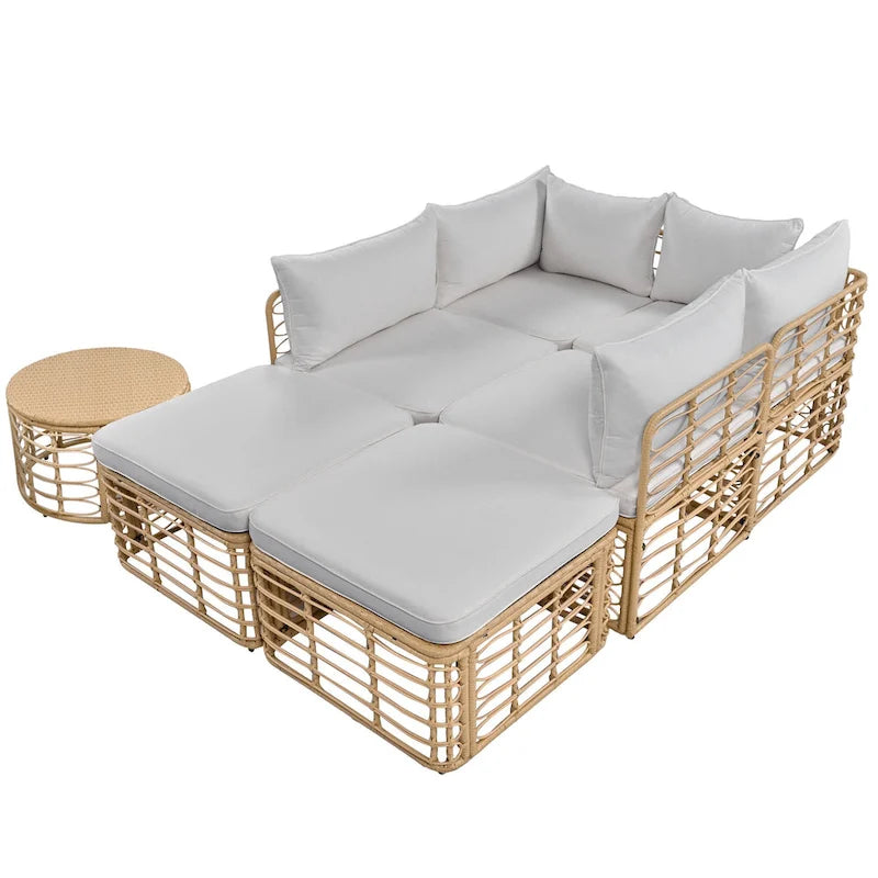 7 Pcs Outdoor Furniture Set, All-Weather Rattan Sectional Sofa Set with Thick Cushions and Pillows, Round Coffee Table