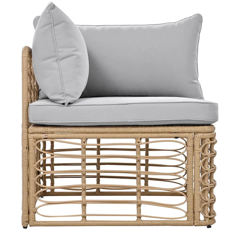 7 Pcs Outdoor Furniture Set, All-Weather Rattan Sectional Sofa Set with Thick Cushions and Pillows, Round Coffee Table