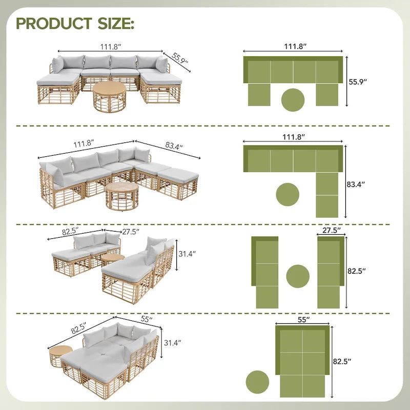 7 Pcs Outdoor Furniture Set, All-Weather Rattan Sectional Sofa Set with Thick Cushions and Pillows, Round Coffee Table