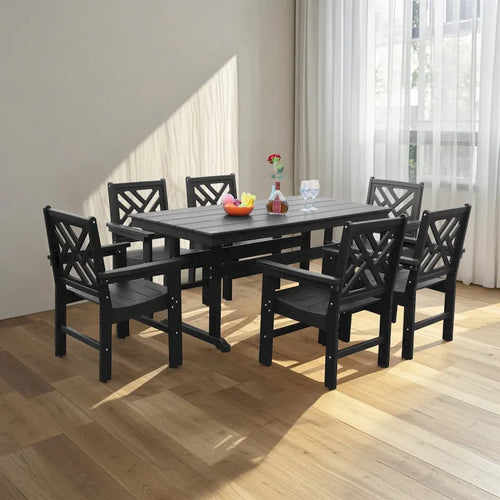 Set di mobili da esterno da patio da 7 pezzi, set da pranzo da giardino con 6 sedie, tavolo da pranzo con foro per ombrellone
