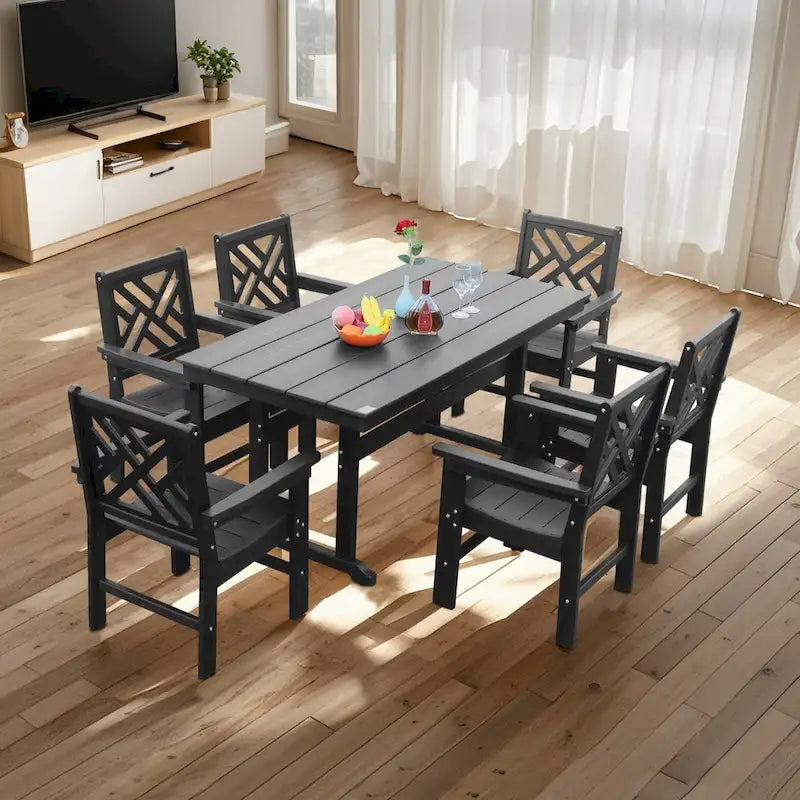 7 Piece Patio Outdoor Furniture Set, Garden Outdoor Dining Table Set with 6 Chairs, Dining Table with Umbrella Hole