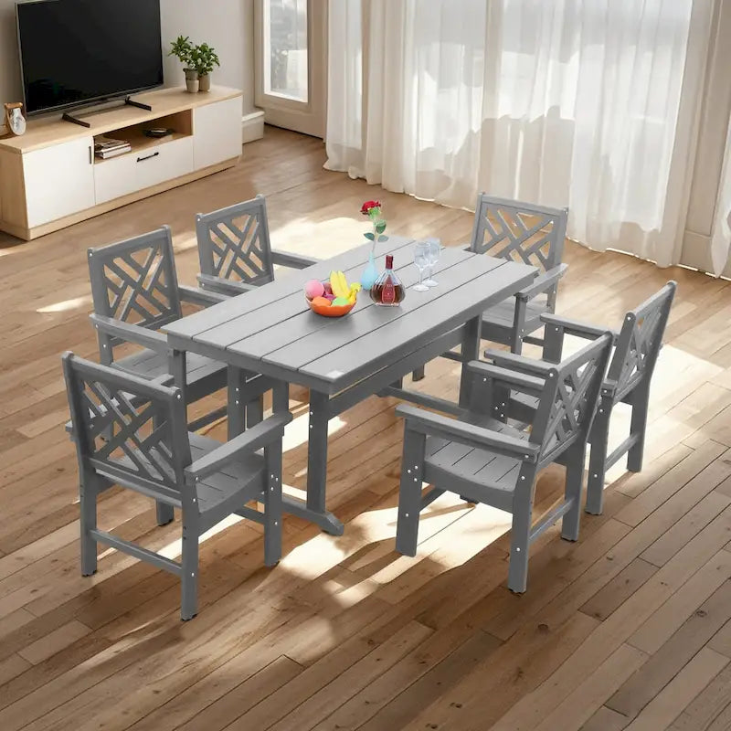 7 Piece Patio Outdoor Furniture Set, Garden Outdoor Dining Table Set with 6 Chairs, Dining Table with Umbrella Hole