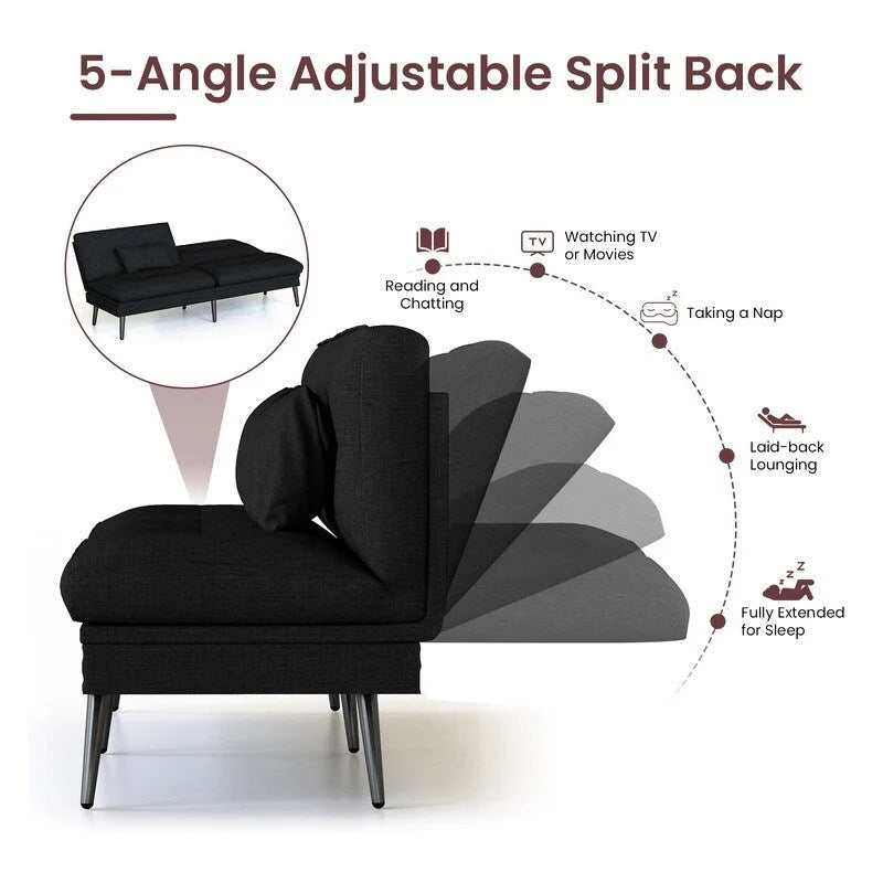 Grondin Convertible Futon Sofa Bed, 5-Angle Adjustable Backrest Sleeper Couch with 2 Pillows, Modern Style Recliner Lounge