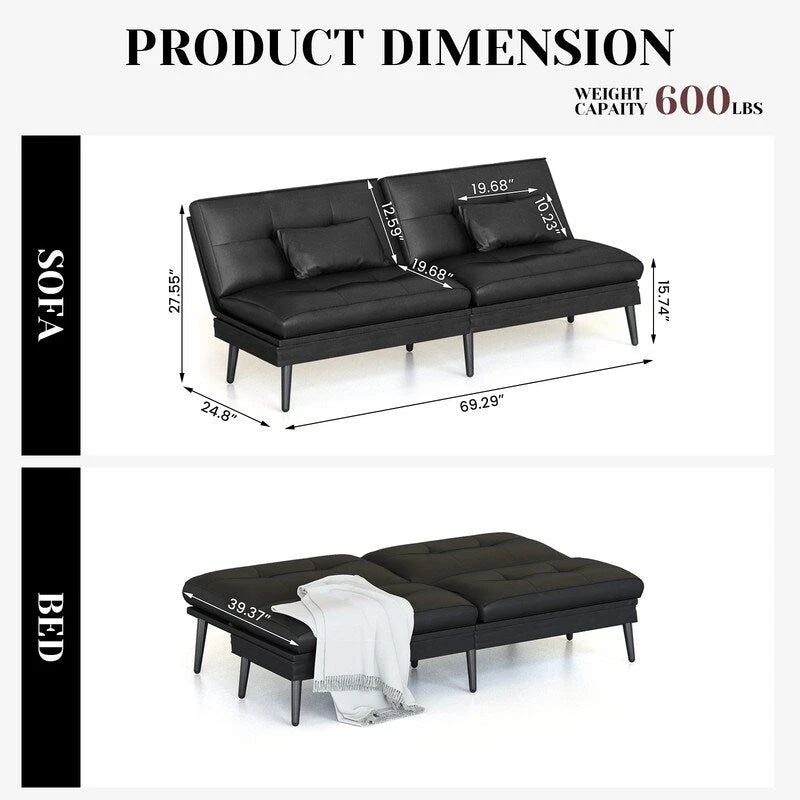 Grondin Convertible Futon Sofa Bed, 5-Angle Adjustable Backrest Sleeper Couch with 2 Pillows, Modern Style Recliner Lounge