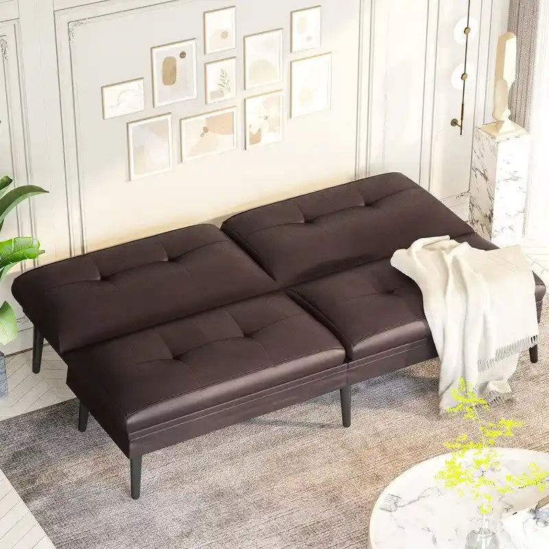 Grondin Convertible Futon Sofa Bed, 5-Angle Adjustable Backrest Sleeper Couch with 2 Pillows, Modern Style Recliner Lounge