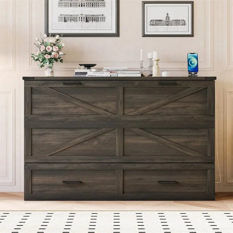 Farmhouse Murphy Bed Wall Bed with a Large Drawer, Full/Queen Size Foldable Murphy Cabinet Bed with Charging Station