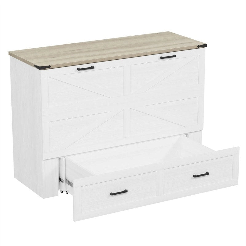 Farmhouse Murphy Bed Wall Bed with a Large Drawer, Full/Queen Size Foldable Murphy Cabinet Bed with Charging Station