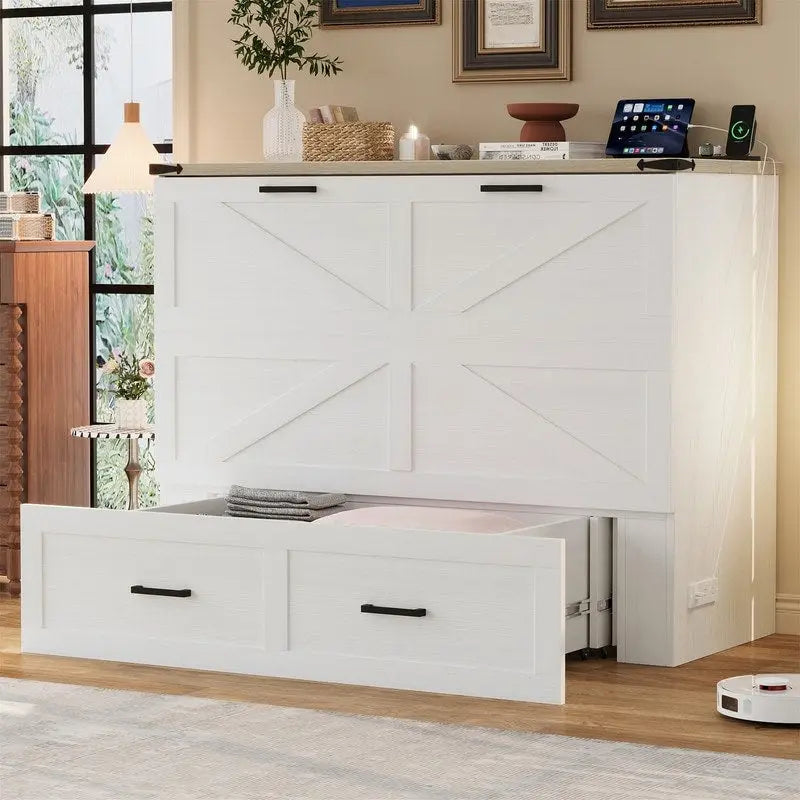 Farmhouse Murphy Bed Wall Bed with a Large Drawer, Full/Queen Size Foldable Murphy Cabinet Bed with Charging Station