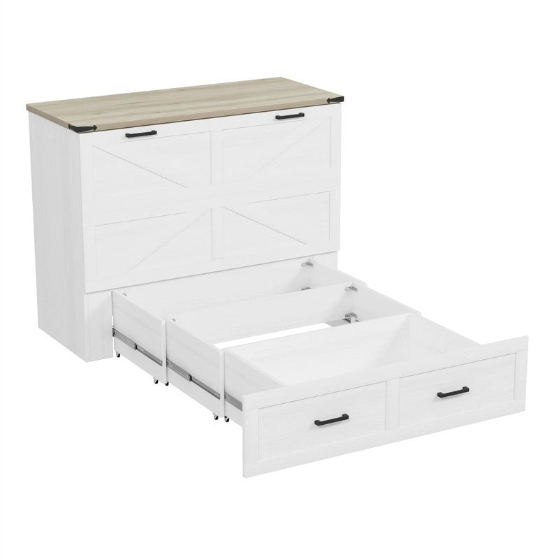 Farmhouse Murphy Bed Wall Bed with a Large Drawer, Full/Queen Size Foldable Murphy Cabinet Bed with Charging Station