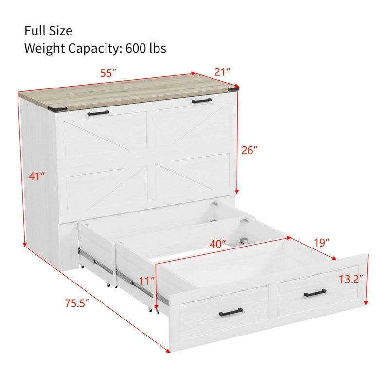 Farmhouse Murphy Bed Wall Bed with a Large Drawer, Full/Queen Size Foldable Murphy Cabinet Bed with Charging Station