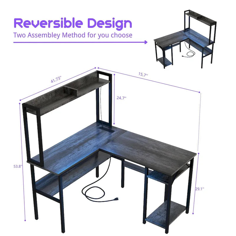 L Shaped Computer Desk with Hutch and Storage Shelves, Corner Gaming Table with LED Lights