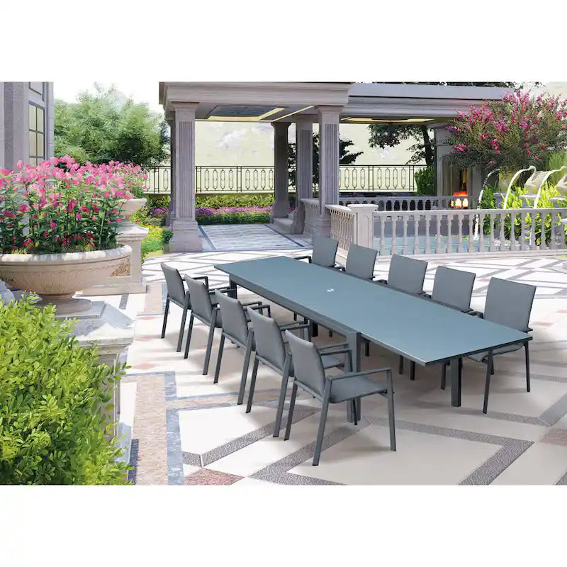 Tropea Dark Grey 11-Piece Aluminum Outdoor Dining Set with Sling Set in Midnight Grey - N/A