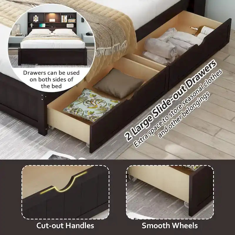 Storage Platform Bed with 2 Underbed Drawers, Wood Captains Bed with Bookcase Headboard Built-in Downlight Charging Station