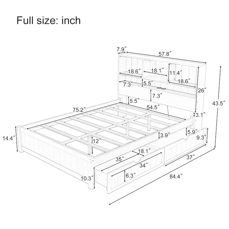 Storage Platform Bed with 2 Underbed Drawers, Wood Captains Bed with Bookcase Headboard Built-in Downlight Charging Station