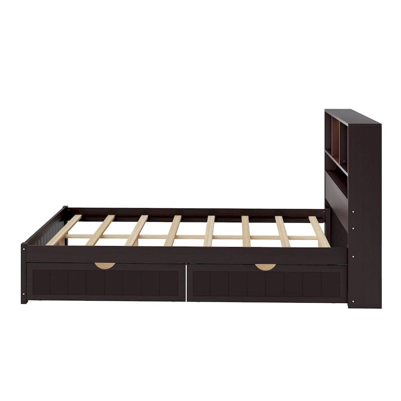 Storage Platform Bed with 2 Underbed Drawers, Wood Captains Bed with Bookcase Headboard Built-in Downlight Charging Station