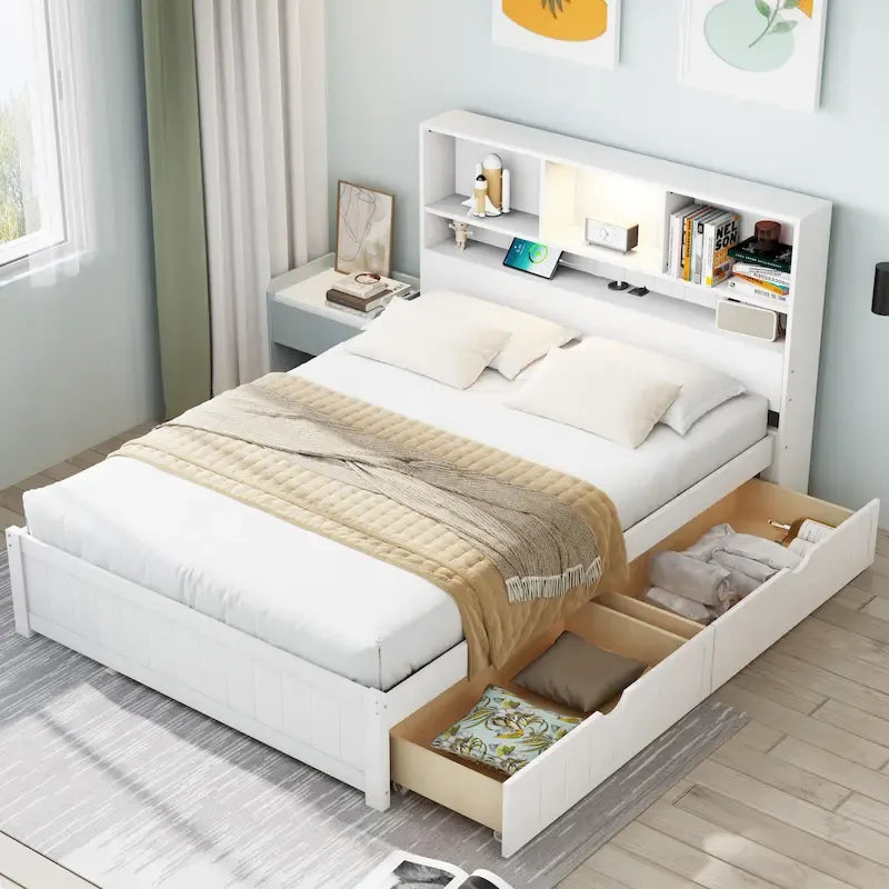 Storage Platform Bed with 2 Underbed Drawers, Wood Captains Bed with Bookcase Headboard Built-in Downlight Charging Station