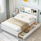 Storage Platform Bed with 2 Underbed Drawers, Wood Captains Bed with Bookcase Headboard Built-in Downlight Charging Station