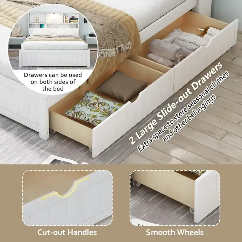 Storage Platform Bed with 2 Underbed Drawers, Wood Captains Bed with Bookcase Headboard Built-in Downlight Charging Station