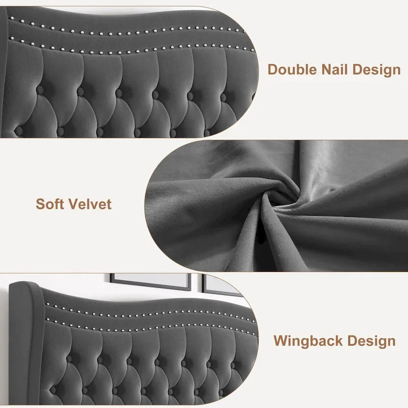 King Size Modern Style Velvet Platform Bed with Upholstered Headboard for Bedroom