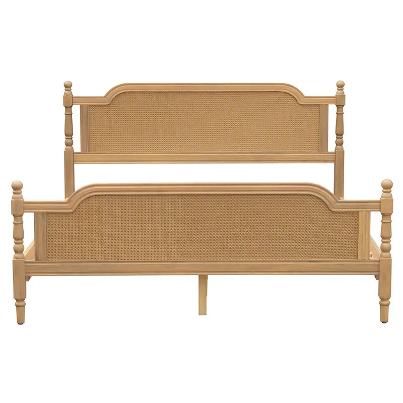 Traditional Style Platform Bed with Rattan Headboard and Footboard for Bedroom