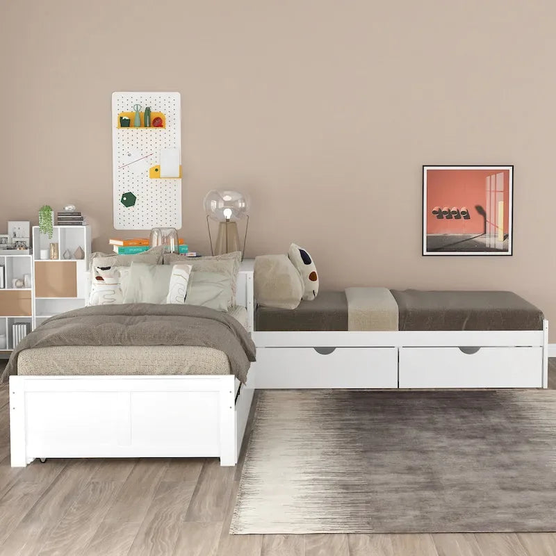 White Modern Twin Size L-shaped Platform Bed with Trundle and Drawers for Bedroom