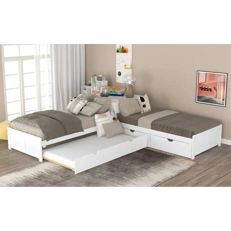 White Modern Twin Size L-shaped Platform Bed with Trundle and Drawers for Bedroom