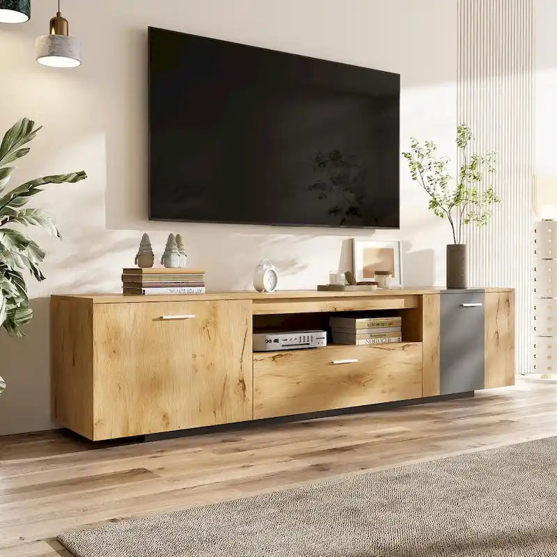 Grey,Natural Wood 70.86 TV Stand with 3 Cabinets & Drawer for TVs Up to 80