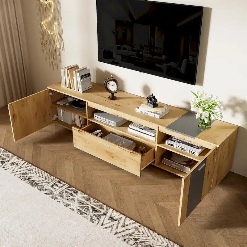 Grey,Natural Wood 70.86 TV Stand with 3 Cabinets & Drawer for TVs Up to 80