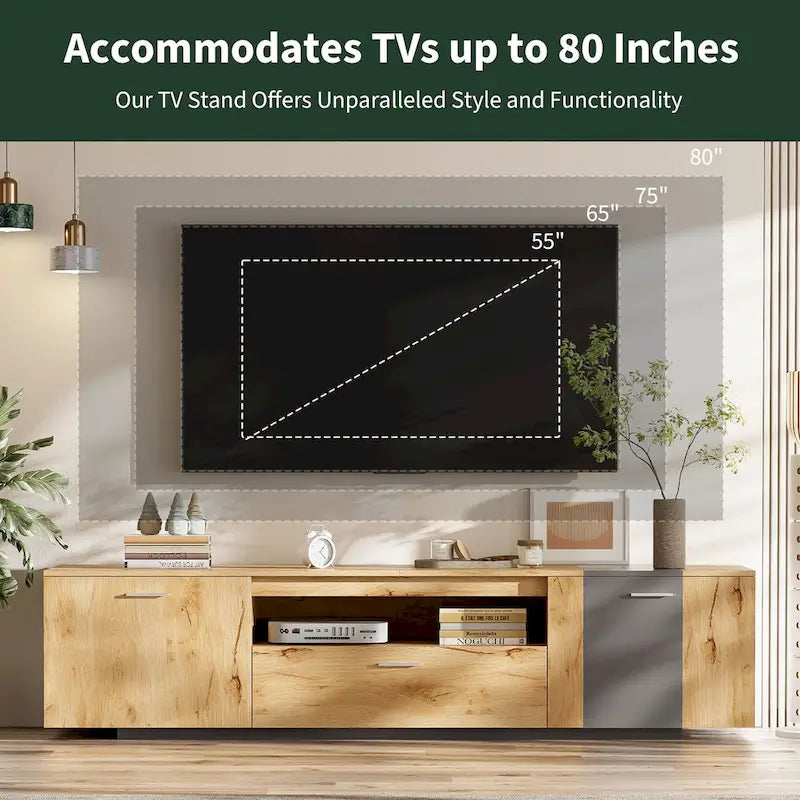 Grey,Natural Wood 70.86 TV Stand with 3 Cabinets & Drawer for TVs Up to 80