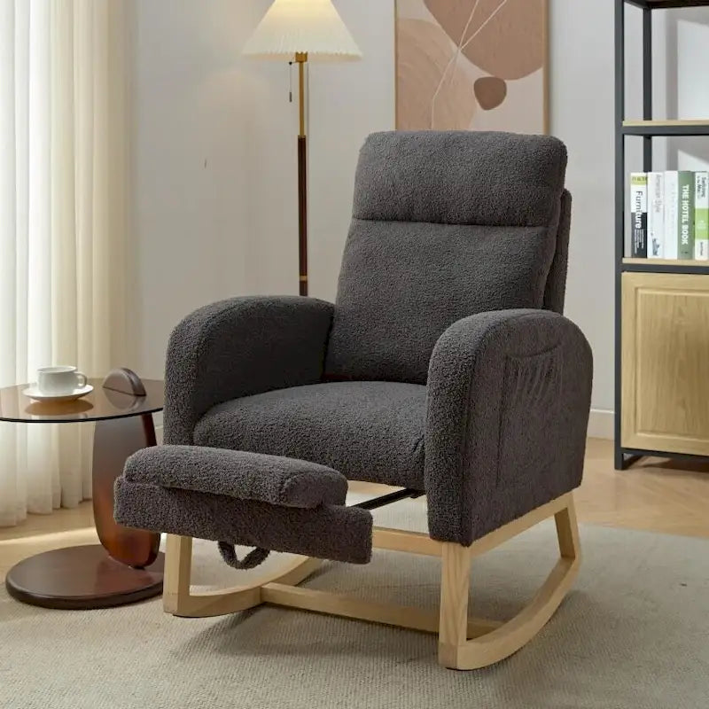 Modern 29.5 High Back Upholstered Rocking Chair with Solid Wood Legs and Adjustable Footrest