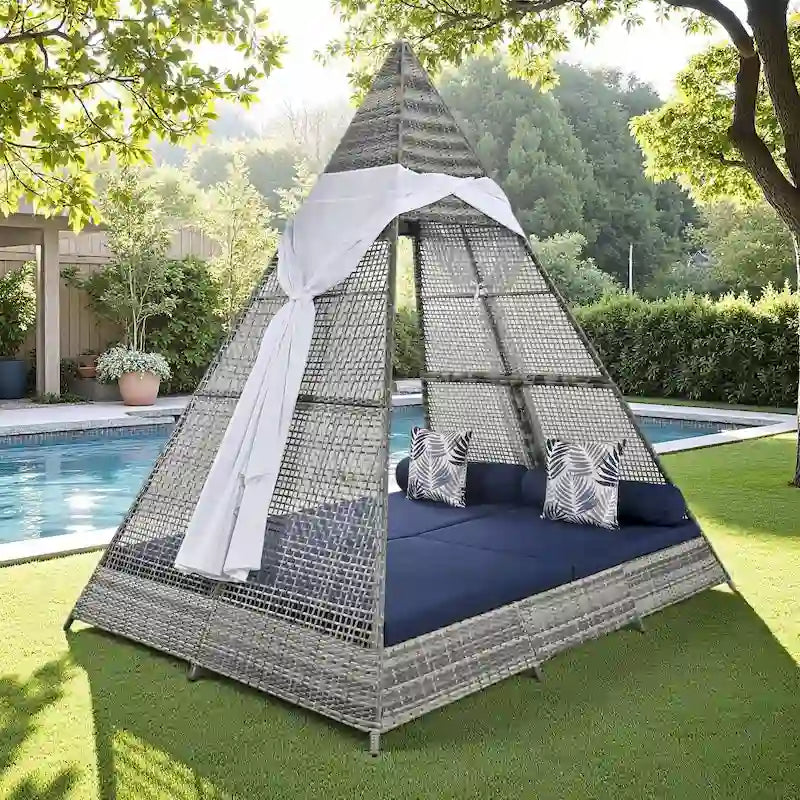 Lettino a tenda triangolare in vimini per esterni da 90,5" con cuscini colorati e tenda