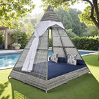 90.5 Outdoor Patio Wicker Triangle Tent Daybed Sunbed with Colorful Pillows and Curtain